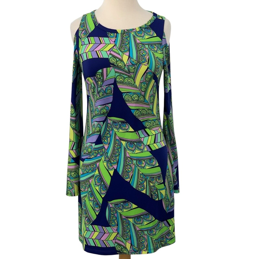 Trina Turk Cold Shoulder Long Sleeve Shift Dress Multi Paisley Leaf Boho Size XS